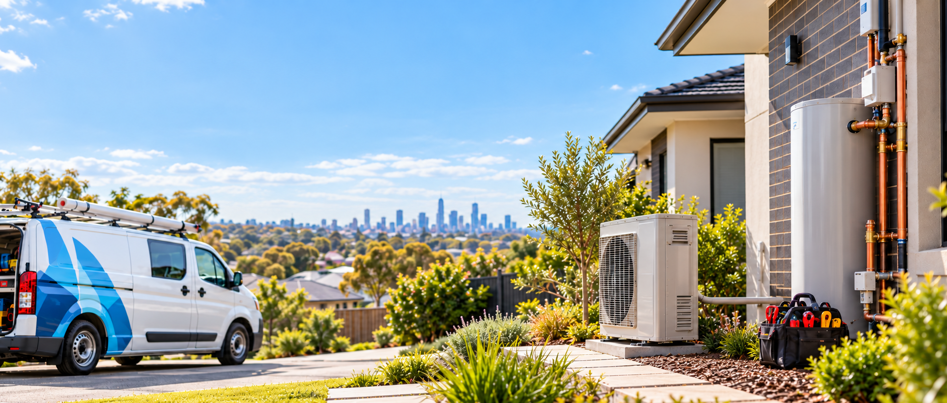 Suburban HVAC Service with City Skyline