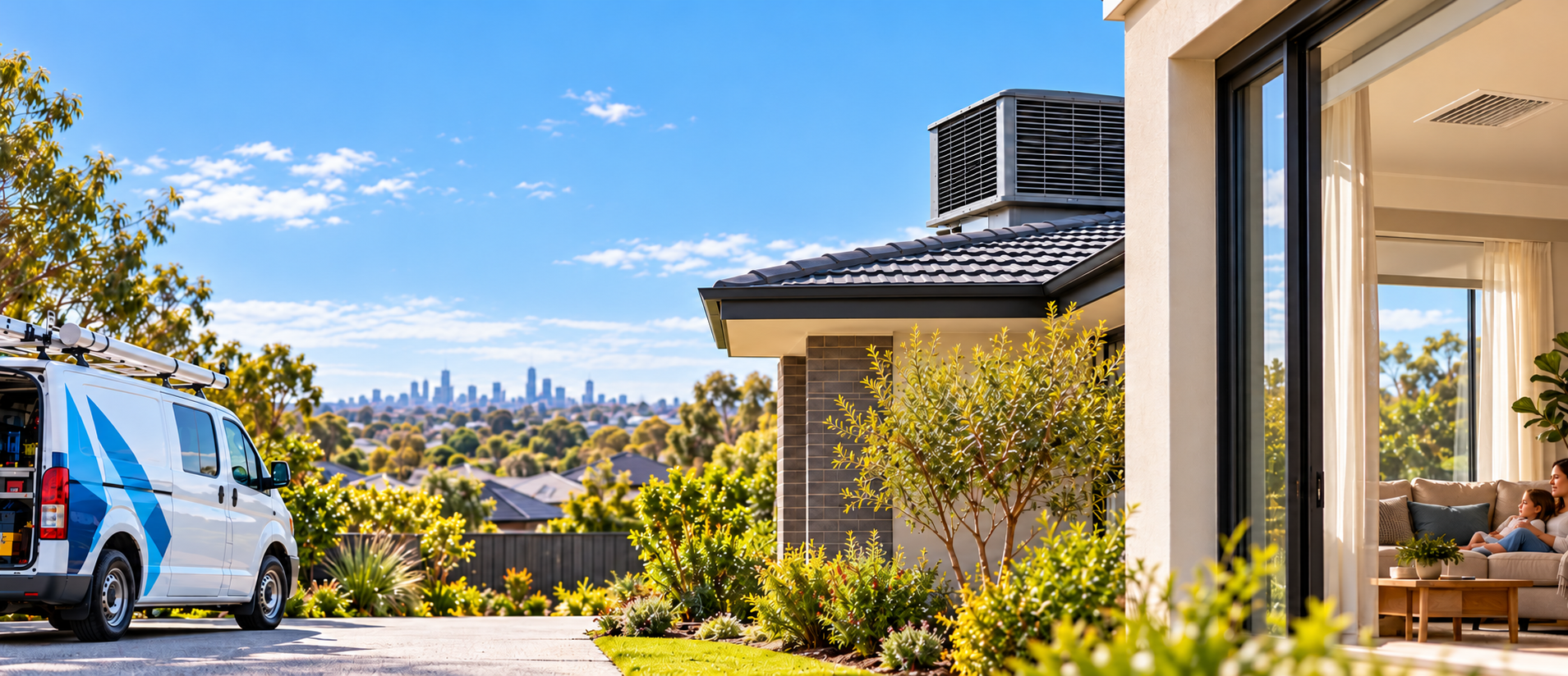 Sunny Suburban Home with HVAC Service Van